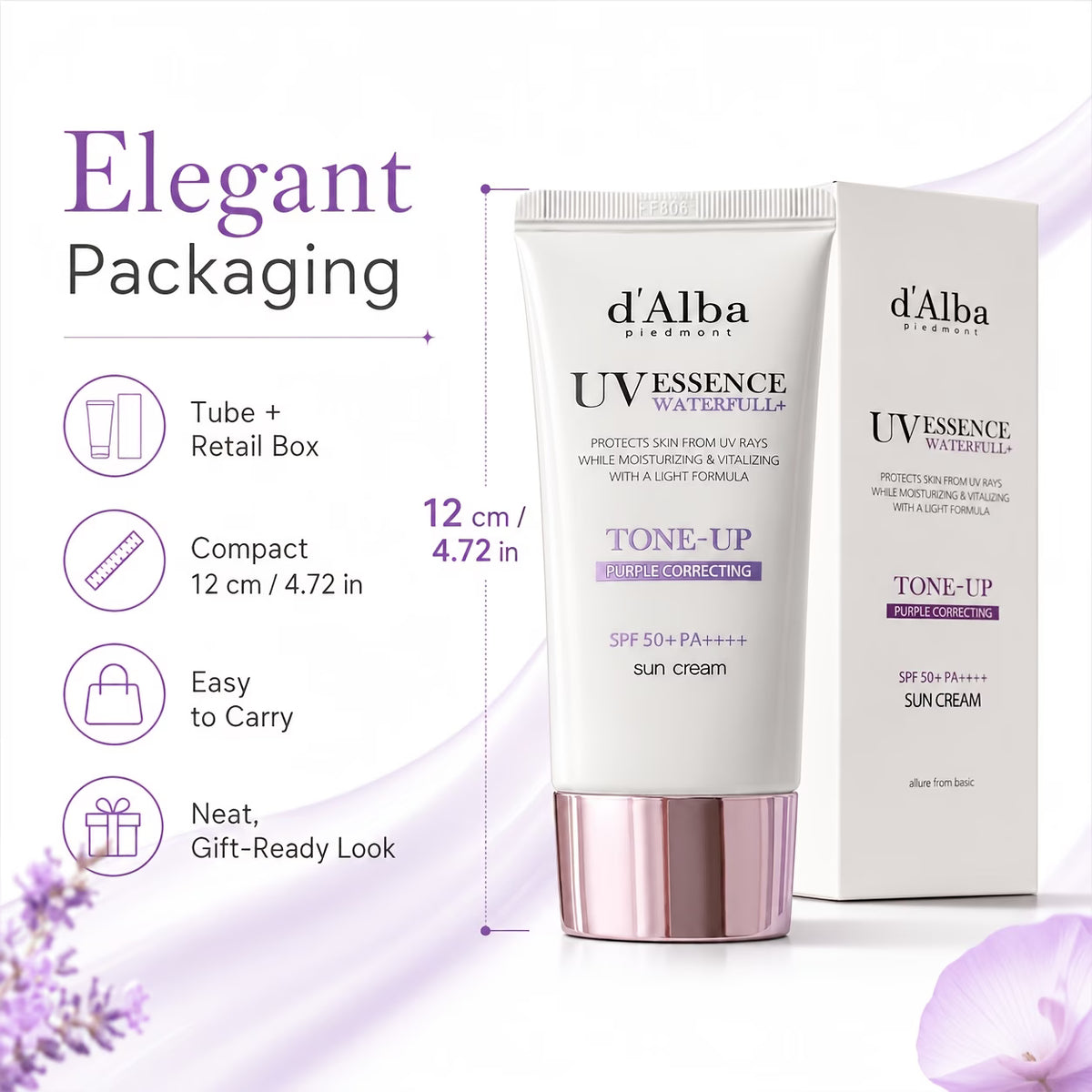 d'Alba Waterfull Tone-Up Sun Cream SPF50+ PA++++ (Purple) – Hydrating & Color Correcting Sunscreen