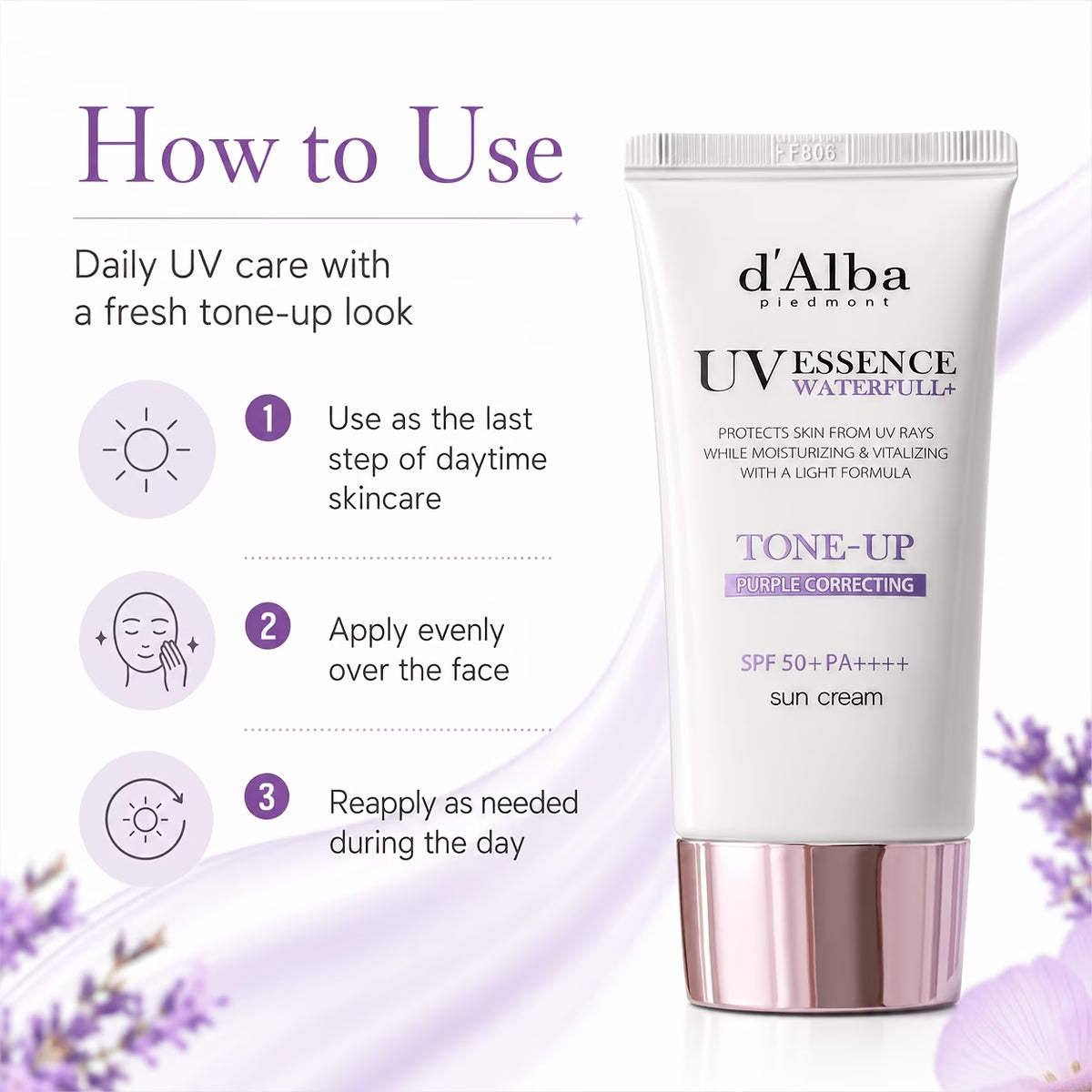 d'Alba Waterfull Tone-Up Sun Cream SPF50+ PA++++ (Purple) – Hydrating & Color Correcting Sunscreen
